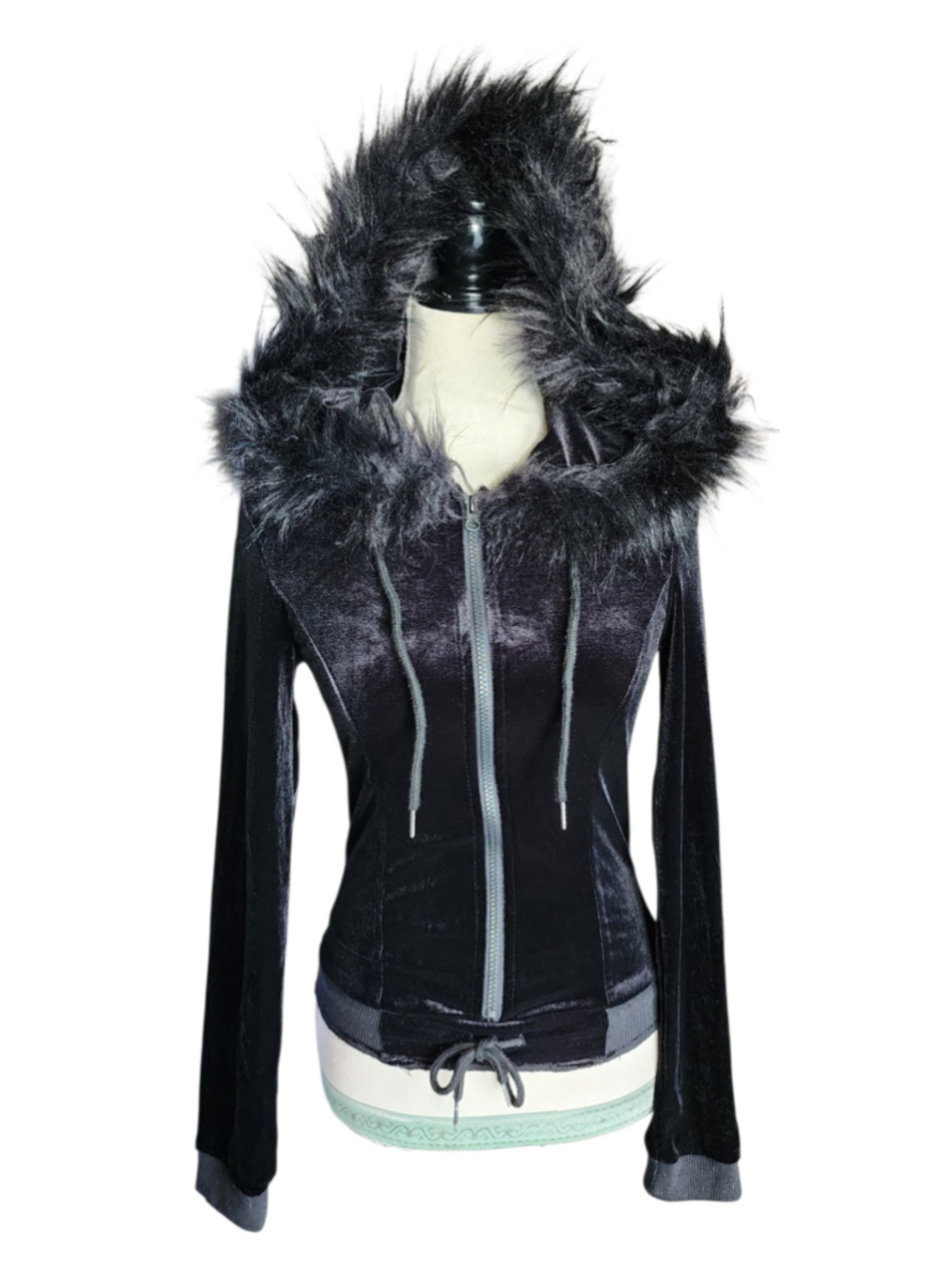 Y2K Black Velvet Faux Fur Hoodie Zip Up Fitted Crop Jacket Long Sleeve Jacket S